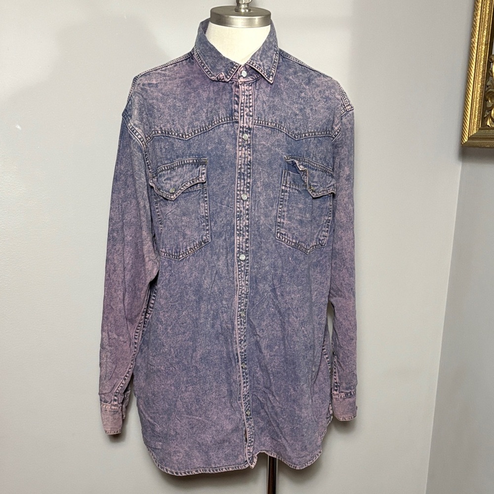 On The Brink Vintage 80s Large Acid Wash Purple Pearl Snap Shirt